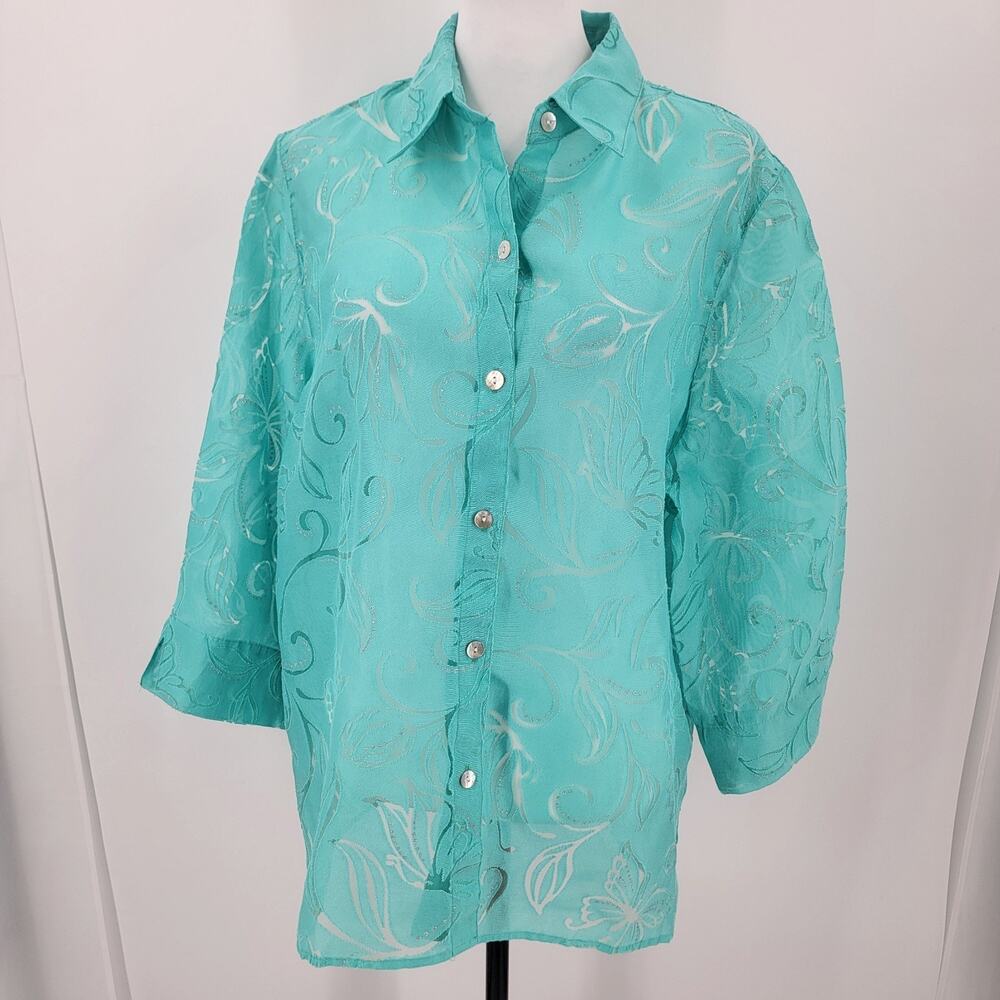 Alfred Dunner Blouse Womens Large Sheer Butterfly Floral Burnout Glitter Blue